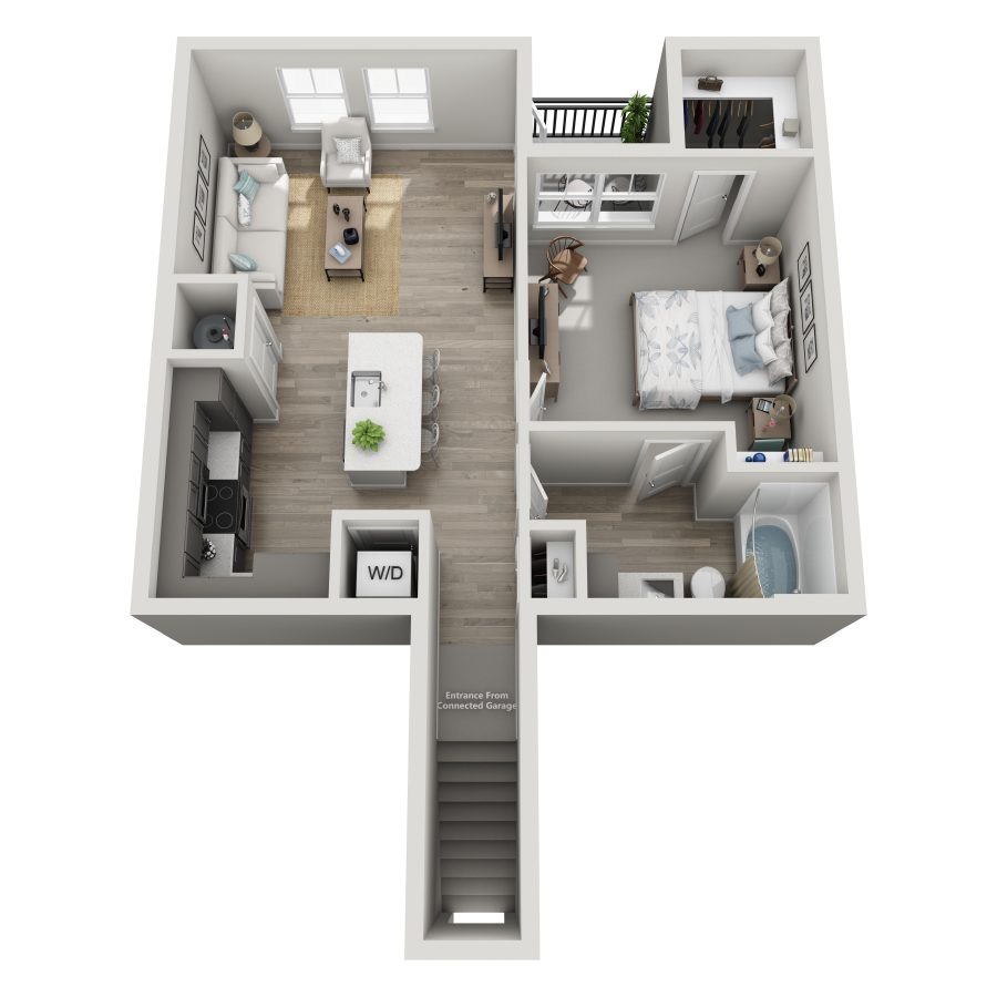 Rendering of the A2-U ALT floor plan with 1 bedroom[s] and 1 bathroom[s] at Milo (Garden)