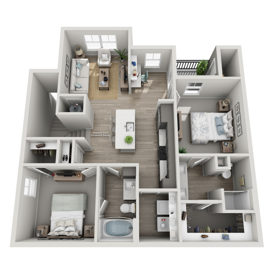 Rendering of the B2-U floor plan with 2 bedroom[s] and 2 bathroom[s] at Milo (Garden)