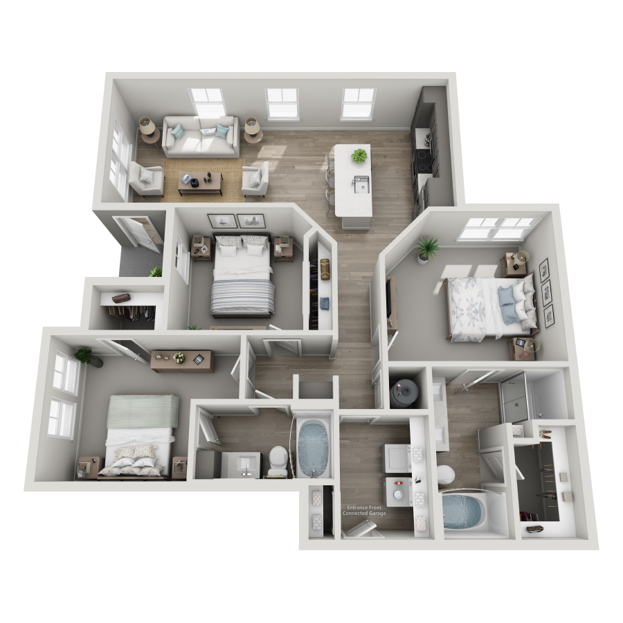 Rendering of the C1-L ALT floor plan with 3 bedroom[s] and 2 bathroom[s] at Milo (Garden)